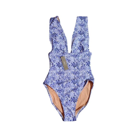 J. Crew V-neck One-Piece Blue Dandelion Print Swim Suit New With Tags Women's 0 - Picture 1 of 15